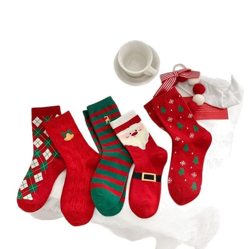 Set of 5 Pairs Women Girls Festive Christmas Theme Socks for Autumn and Winter One Size