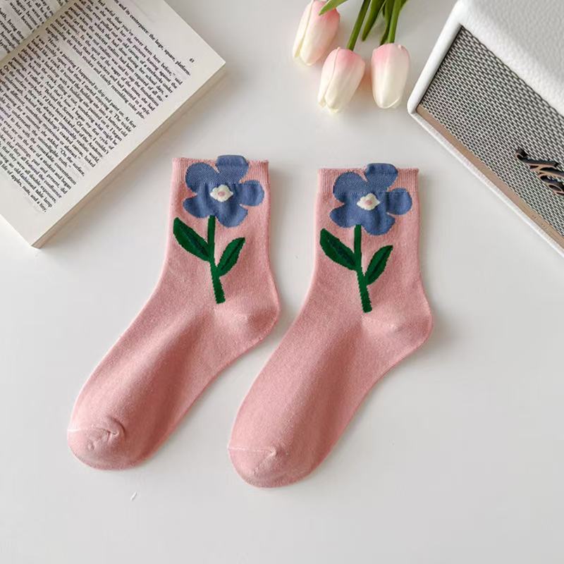 Set of 4 Pairs of Pastel Colour Women and Girls Ankle Floral Flower Design All Season Comfortable Soft and Breathable Ankle Socks