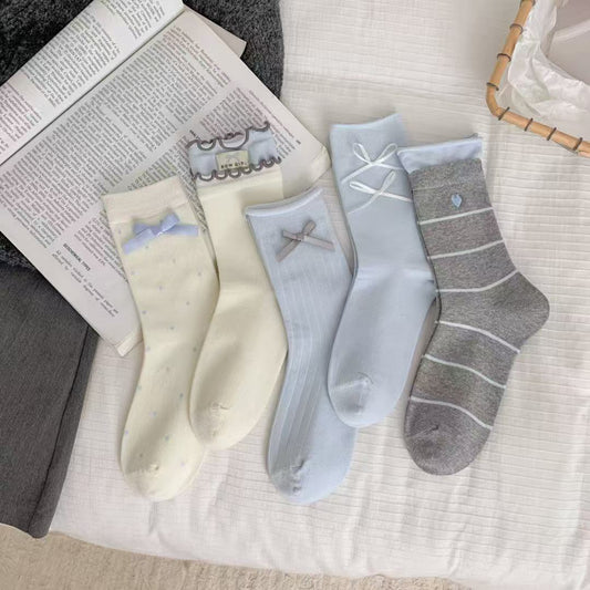 Set of 5 Pairs Women and Girls Cute and Trendy Ribbon Bow Soft Breathable Casual Comfortable Ankle Socks