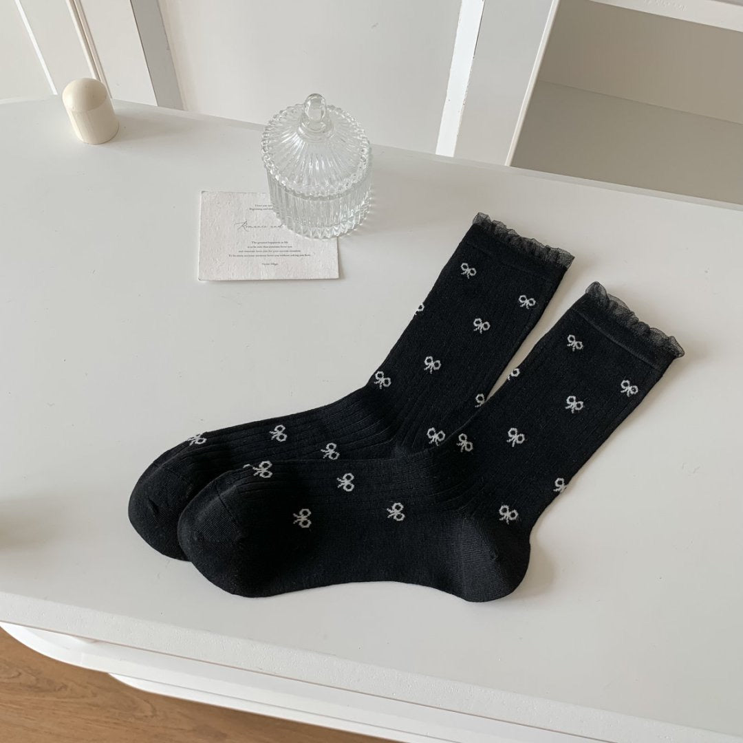 Set of 3 Pairs Women Girls Teen Bow Ribbon Printed Mesh Top Soft Thin Comfy Breathable Ankle Socks
