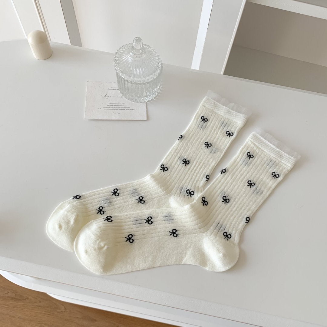 Set of 3 Pairs Women Girls Teen Bow Ribbon Printed Mesh Top Soft Thin Comfy Breathable Ankle Socks