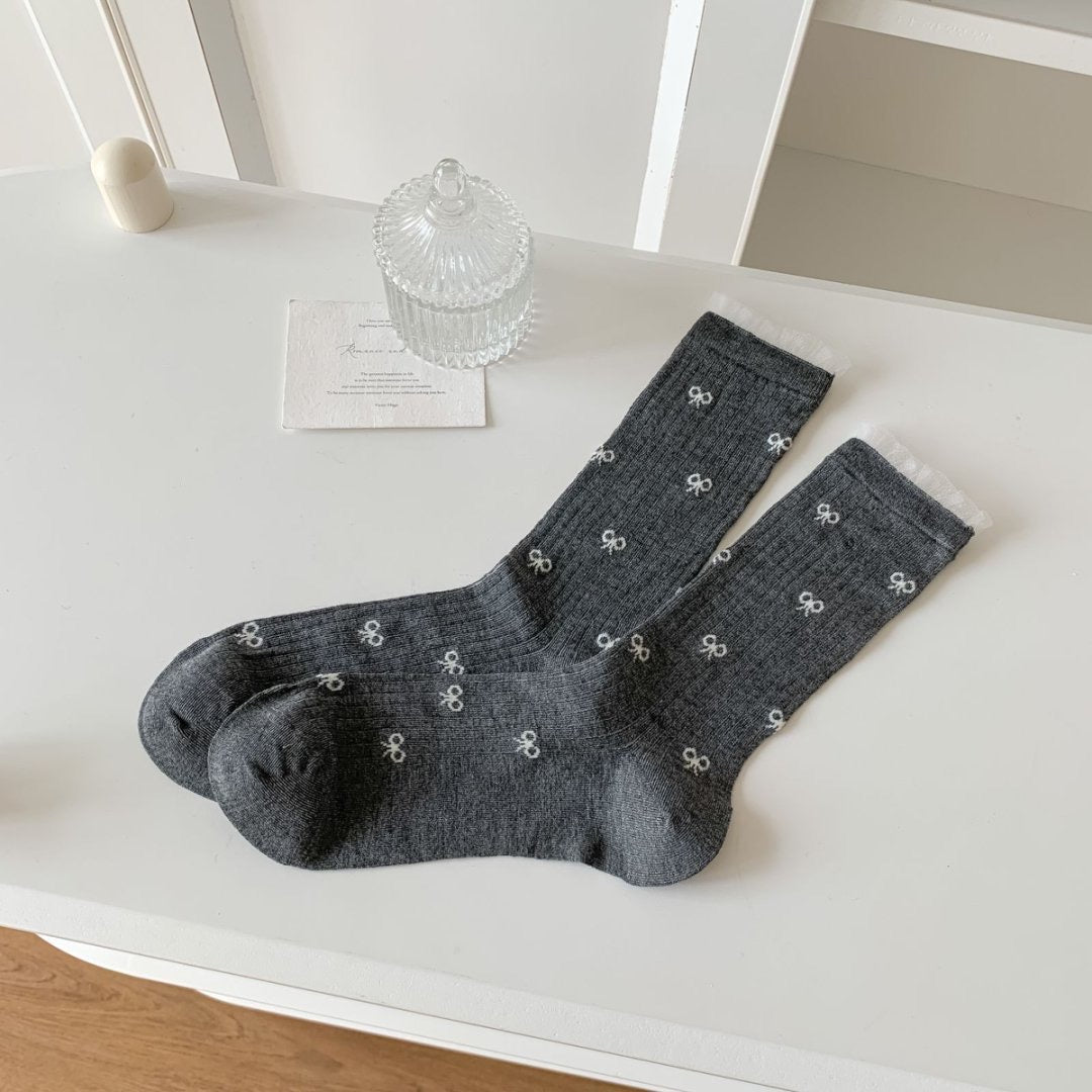 Set of 3 Pairs Women Girls Teen Bow Ribbon Printed Mesh Top Soft Thin Comfy Breathable Ankle Socks