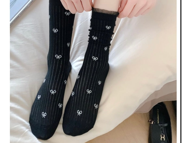 Set of 3 Pairs Women Girls Teen Bow Ribbon Printed Mesh Top Soft Thin Comfy Breathable Ankle Socks