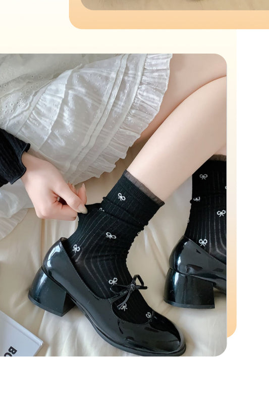 Set of 3 Pairs Women Girls Teen Bow Ribbon Printed Mesh Top Soft Thin Comfy Breathable Ankle Socks